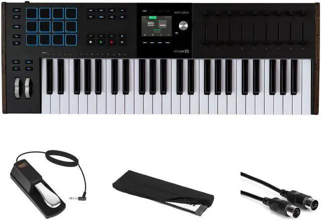 Main image of Arturia KeyLab 49 mk3 Black Key USB MIDI Keyboard Controller Bundle with Auray FP-P1L Universal Piano Sustain Pedal, Kaces KKC-MD Stretchy Keyboard Dust Cover medium, Hosa Mid-310 Black 10 cable