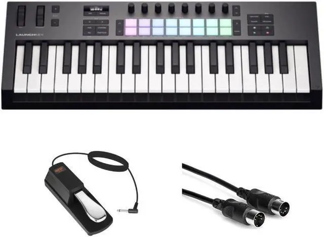 Main image of Novation Launchkey 37 MK4 USB MIDI Keyboard Controller (37-Key) Bundle with Auray FP-P1L Universal Piano-Style Sustain Pedal, Hosa Mid-310 Black 10 ft. Midi cable