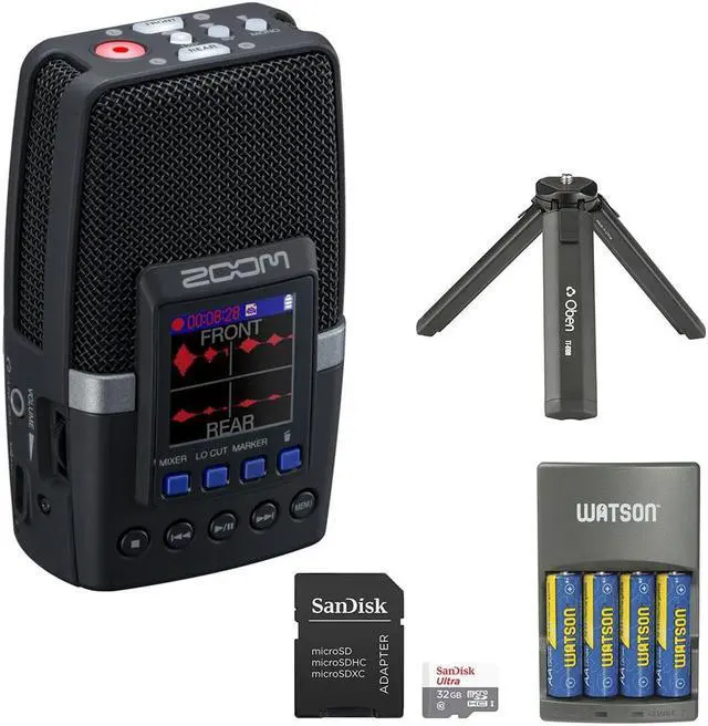 Main image of Zoom H2 essential Multi-Mic Handy Recorder (ZH2E) Bundle with Oben TT-610B Aluminum Tabletop Tripod, SanDisk 32GB Memory Card and Watson 4-Bay Charger with 4-Pack AA NiMH Rechargeable Batteries