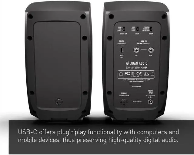Alt view image 3 of 7 - Adam Audio D3V(Black) Active Desktop Monitoring System Bundle with 2x Auray IP-S Isolation Pad for Studio Monitor and Comprehensive Stereo Mini Male to Stereo Mini Male Cable -6'