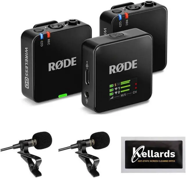 Main image of RODE Wireless GO (Gen 3) 2-Person Compact Digital Wireless Microphone Recorder Black Bundle with Grade Lavalier Lapel Microphone (2 Pack), Kellards Cleaning Cloth