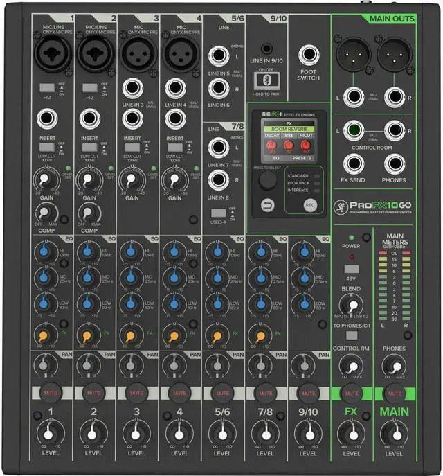 Alt view image 4 of 8 - Mackie ProFX10 GO Battery-Powered 10-Channel Analog Audio Mixer With Bluetooth, USB-C Recording Modes, GigFX+ Effects, Onyx Preamps, EQ, Compression, Up to 8 Hours Battery Life