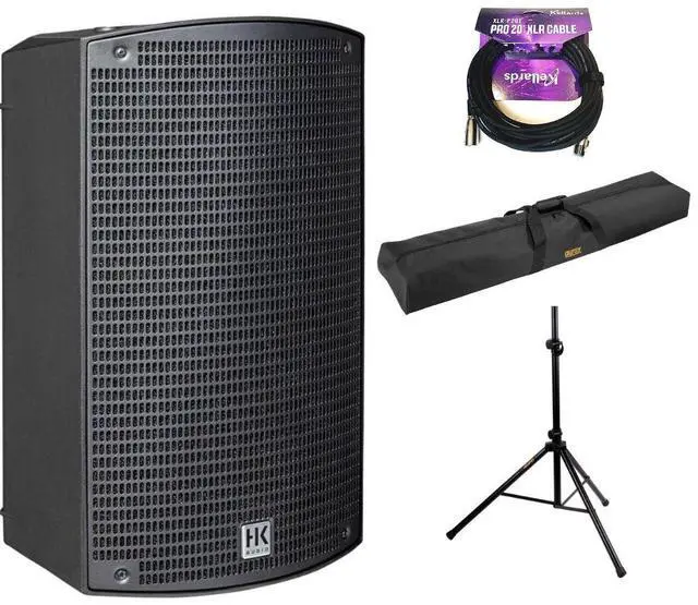 Main image of HK AUDIO SONAR 110 Xi 2-Way 800W 10" Powered Speaker Bundle with Auray Speaker Stand Bag 51" Interior (Black), Auray SS-4420 Steel Speaker Stand, Kellards XLR-P20T Pro 20' XLR Cable