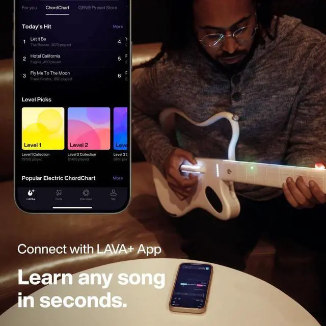 Alt view image 6 of 7 - LAVA GENIE 9270002 Sampler Guitar, No Strings Attached, Hundreds of Instrument Presets, Onboard Speaker, Foldable, Detachable, White, 30.5 inch.