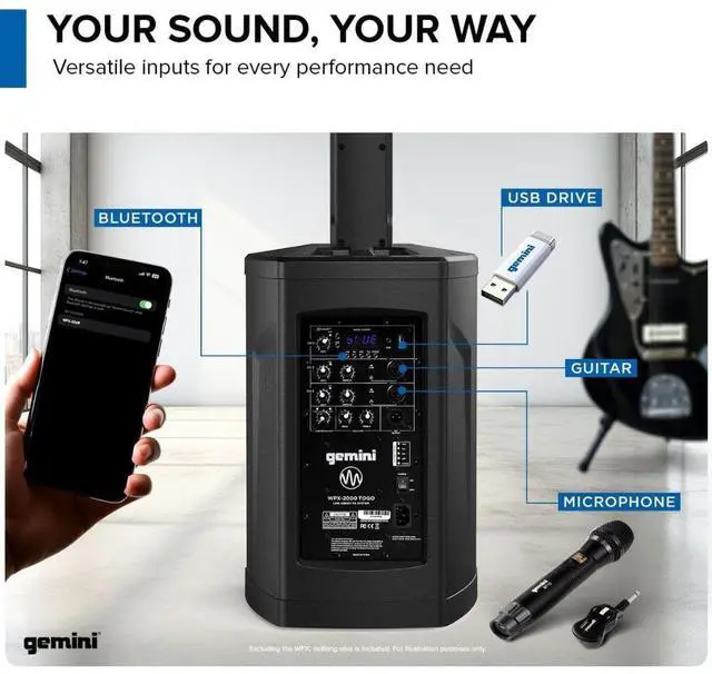 Alt view image 7 of 7 - Gemini Sound WPX-2000TOGO Active Battery-Powered Column Line Array Speaker System - 1000W Peak Power, 8-Hour Playtime, Bluetooth