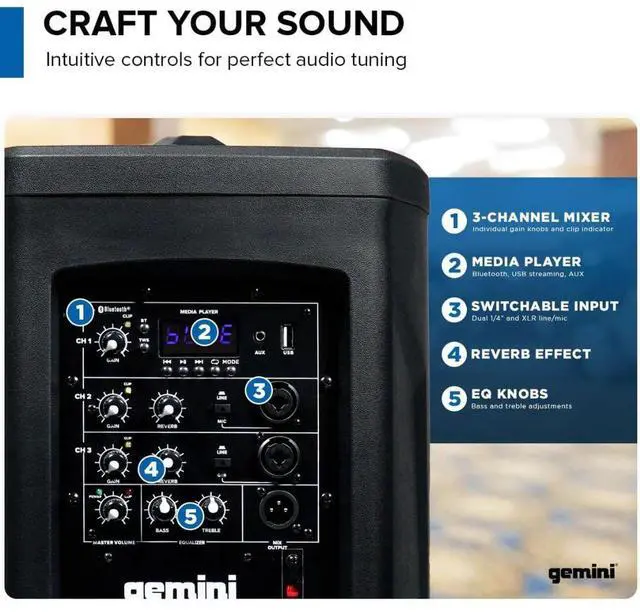 Alt view image 5 of 7 - Gemini Sound WPX-2000TOGO Active Battery-Powered Column Speaker 1000W Bundle with Gemini GMU-M100 Handheld UHF Wireless Microphone System with Plug-In Receiver (512 to 541.7 MHz)