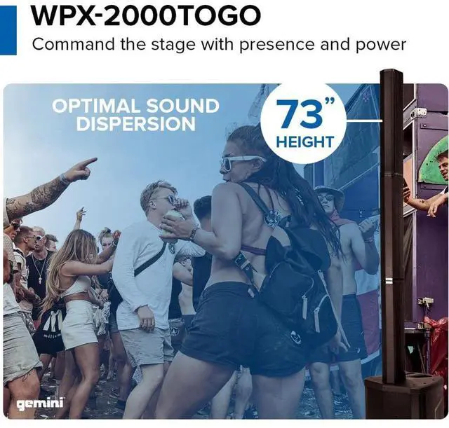 Alt view image 3 of 7 - Gemini Sound WPX-2000TOGO Active Battery-Powered Column Speaker 1000W Bundle with Gemini GMU-M100 Handheld UHF Wireless Microphone System with Plug-In Receiver (512 to 541.7 MHz)