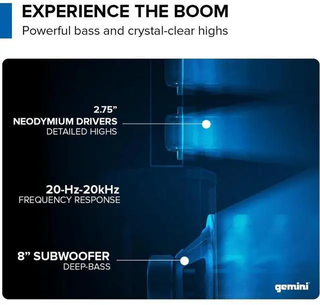 Alt view image 4 of 7 - Gemini Sound WPX-2000TOGO Active Battery-Powered Column Speaker 1000W Bundle with Gemini GMU-M100 Handheld UHF Wireless Microphone System with Plug-In Receiver (512 to 541.7 MHz)