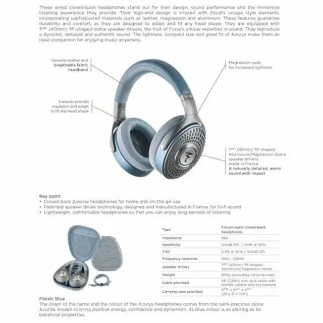 Alt view image 7 of 7 - Focal Azurys Over-Ear Closed-Back Headphones (Blue)