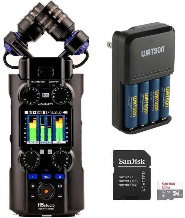 Main image of Zoom H5studio 4-Track Handy Recorder with 32-Bit Float Recording with Essentials Kit Bundle with Watson 4Bay Charger AA/AAA Batteries, SanDisk 32GB Ultra UHS-I microSDHC Memory Card with SD Adapter