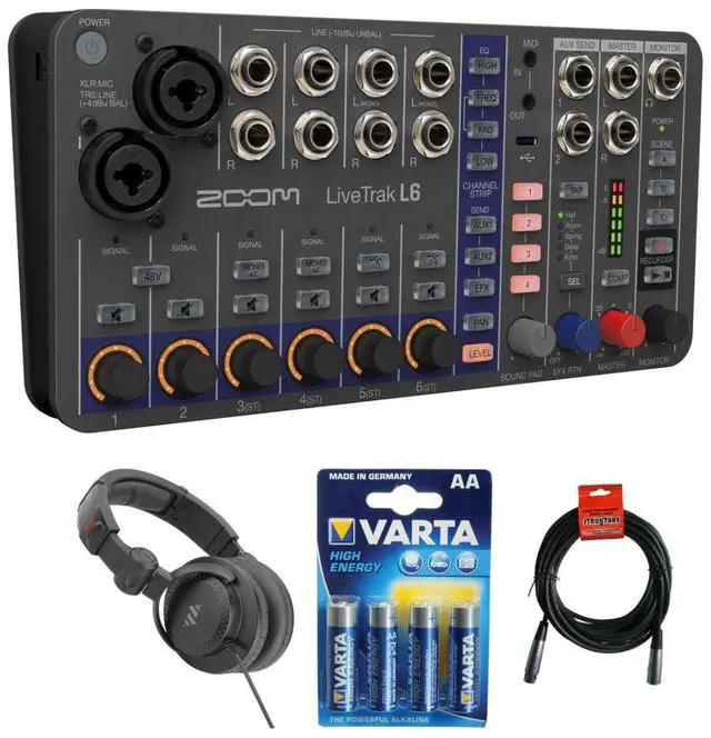 Main image of Zoom LiveTrak L6 Digital Mixer/Recorder Battery Powered Bundle with Polsen HPC-A30 Closed-Back Studio Monitor Headphones, XLR- XLR Cable, Varta High-Energy 1.5V AA LR6 Alkaline Battery (4-Pack)