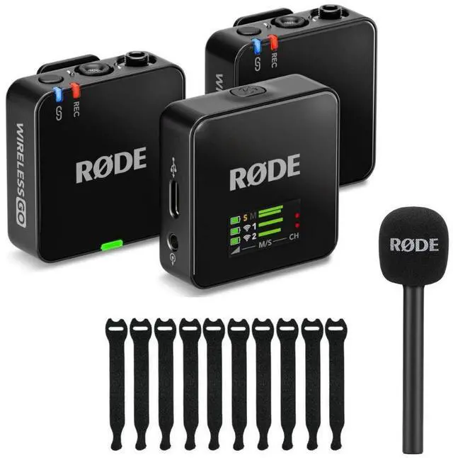 Main image of RODE Wireless GO Gen 3 2-Person Compact Digital Wireless Microphone System/Recorder Black Bundle with Rode Interview GO Handheld Mic Adapter for the Wireless GO, Rip Tie 10-Pack Touch Fastener Straps
