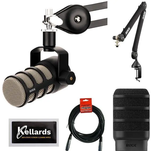 Main image of Rode PodMic Dynamic Microphone Bundle with Rode PSA1+ Pro Studio Boom/Arm, RODE WS14 Pop Filter for PodMic (Black), XLR- XLR Cable, Anti-Static Screen Cleaning Wipes (5-Pack)