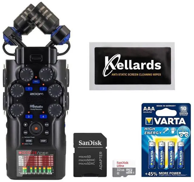 Main image of Zoom H6studio 6-Track Handy Recorder with 32-Bit Float Recording Bundle with SanDisk 32GB microSDHC MC with SD Adapter, Varta High Energy AAA 4 Pack, Anti-Static Screen Cleaning Wipes (5-Pack)