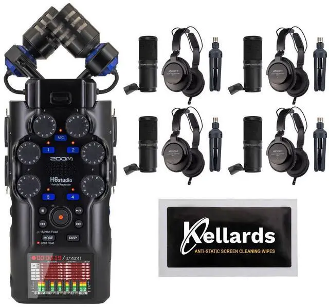 Main image of Zoom H6studio 6-Track Handy Recorder with 32-Bit Float Recording Bundle with Zoom ZDM-1 Podcast Mic Pack w/ Headphones Windscreen XLR Tabletop Stand (4 Pack), Anti-Static Screen Cleaning Wipes 5-Pack
