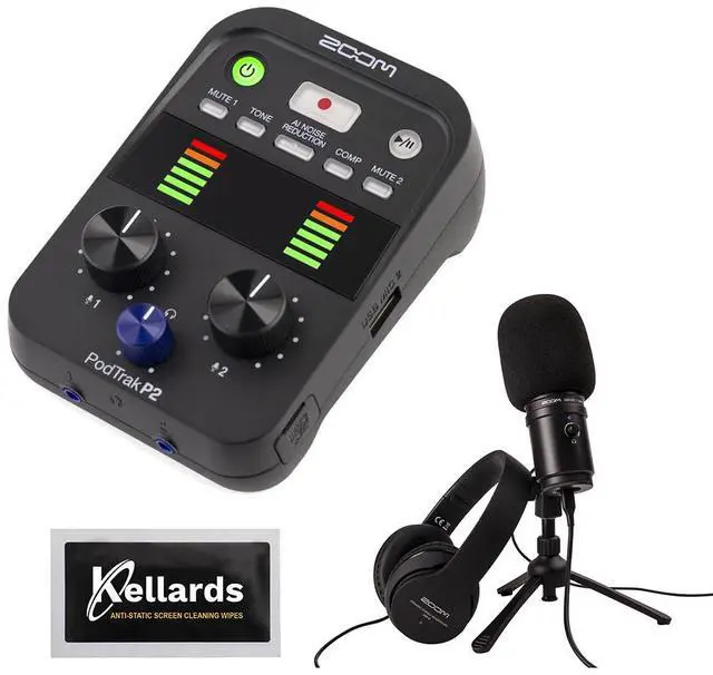 Main image of Zoom PodTrak P2 Dual USB Mic Recorder for Podcasters Bundle with ZUM-2 Podcast Mic Pack with ZUM-2 Mic, Headphones, Desktop Stand, Cable & Windscreen and Anti-Static Screen Cleaning Wipes (5-Pack)