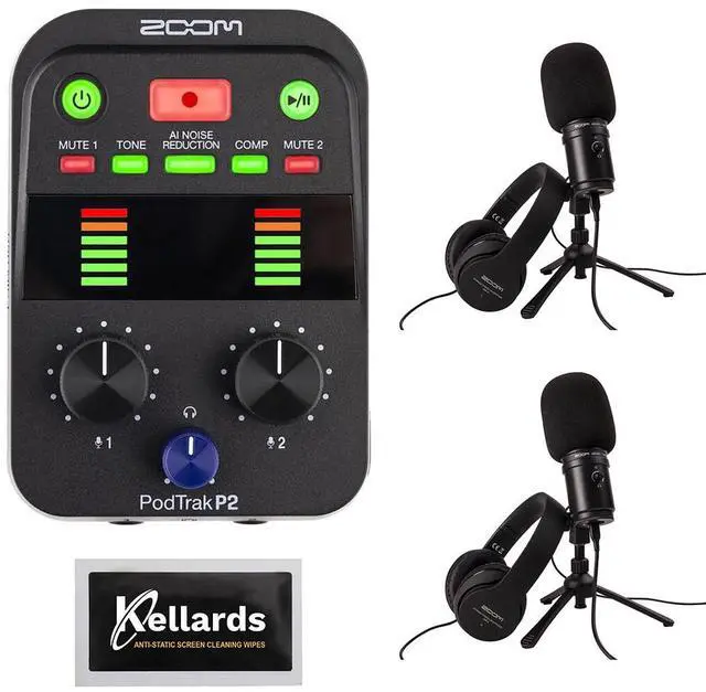 Main image of Zoom PodTrak P2 Dual USB Mic Recorder for Podcasters Bundle with ZUM-2 Podcast Mic (2 Pack) with ZUM-2 Mic, Headphones, Desktop Stand, Cable & Windscreen and Anti-Static Screen Cleaning Wipes 5-Pack