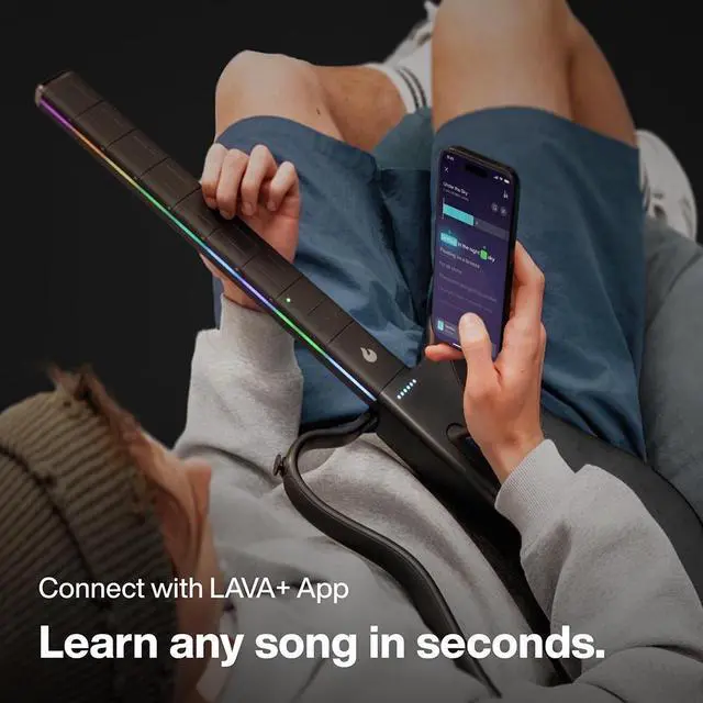 Alt view image 5 of 7 - LAVA GENIE Stringless Guitar with Travel Case Black Bundle with Rok-It Tripod Guitar Stand, Goby Labs Microphone Sanitizer