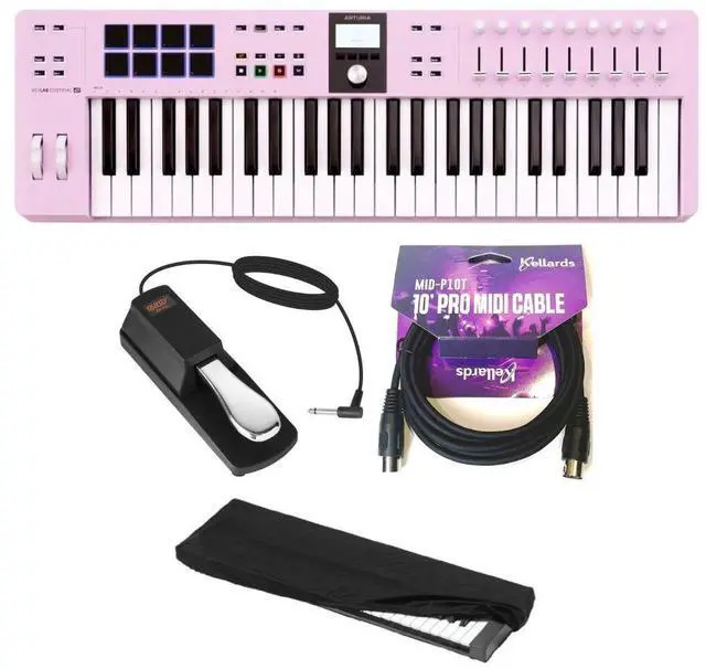 Main image of Arturia KeyLab Essential mk3 49-Key Controller Bundle with Auray FP-P1L Universal Piano-Style Sustain Pedal, MID-P10T Pro MIDI to MIDI Cable 10 Feet, Kaces KKC-MD Stretchy Keyboard Dust Cover, medium