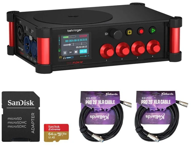 Main image of Behringer FLOW 4V Digital Audio Mixer and Field Recorder with Wireless Remote Control Bundle with 64GB Extreme UHS-I Memory Card with SD Adapter, Kellards XLR-P20T 20 Microphone Cable (2 Pack)