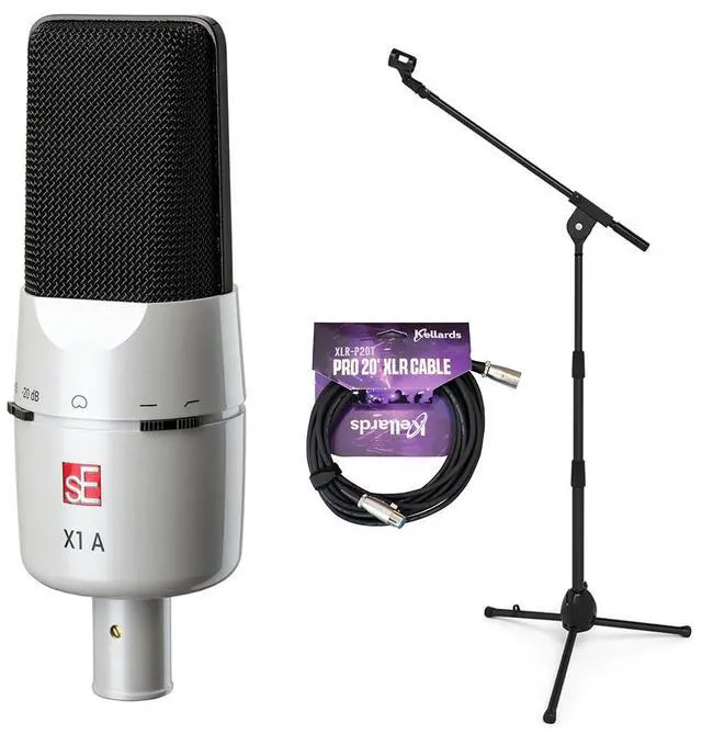 Main image of sE Electronics X1 A Medium-Diaphragm Cardioid Condenser Microphone (White 25th Anniversary Edition) Bundle with Kellards XLR-P20T Pro 20' XLR Microphone Cable and Microphone Stand with Boom