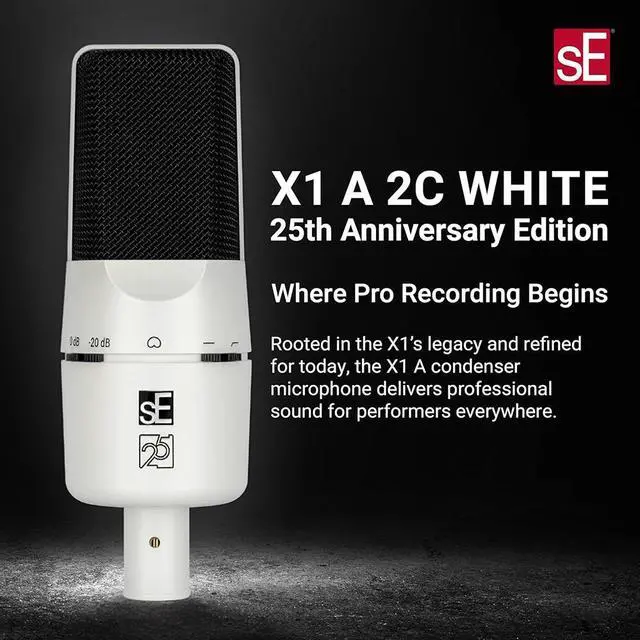 Alt view image 7 of 7 - sE Electronics X1 A Medium-Diaphragm Cardioid Condenser Microphone (White 25th Anniversary Edition) Bundle with Kellards XLR-P20T Pro 20' XLR Microphone Cable and Microphone Stand with Boom