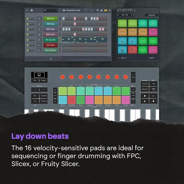Alt view image 6 of 7 - Novation FLkey 2 37 MIDI Controller Keyboard for FL Studio. Make Beats with Full-Size Keys, USB, Pitch & Mod Wheels, 16 Drum Pads, and Arpeggiator Inc. 6 Months of FL Studio