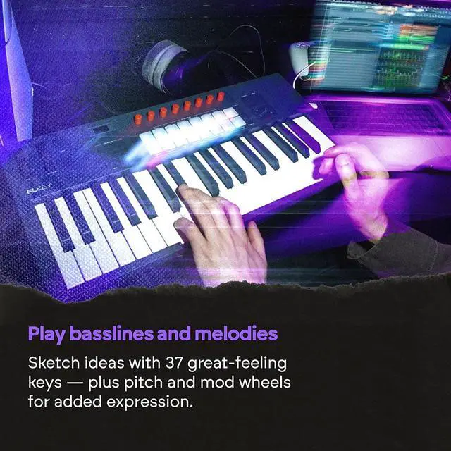 Alt view image 7 of 7 - Novation FLkey 2 37 MIDI Controller Keyboard for FL Studio. Make Beats with Full-Size Keys, USB, Pitch & Mod Wheels, 16 Drum Pads, and Arpeggiator Inc. 6 Months of FL Studio