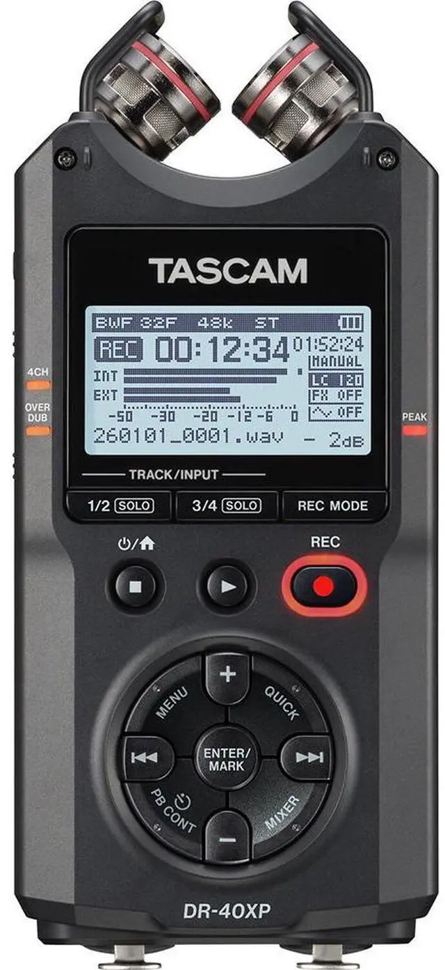 Main image of TASCAM DR-40XP 4-Channel 32-Bit-Float Portable Field Recorder with USB-C Interface and Adjustable Mics