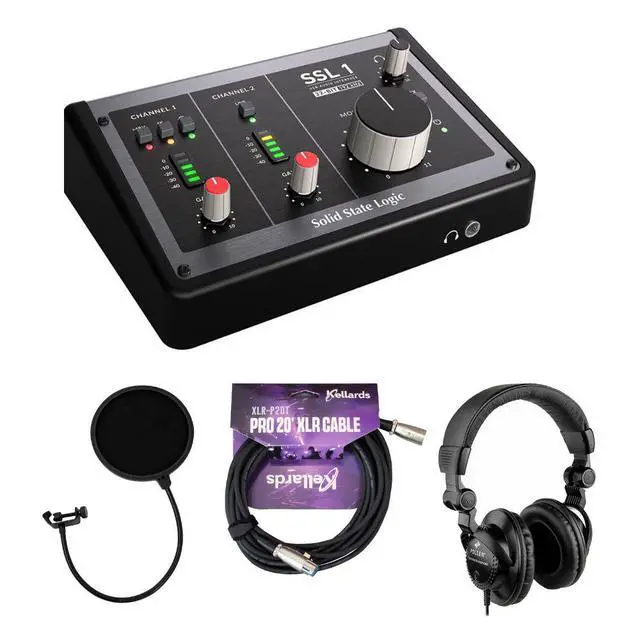 Main image of Solid State Logic SSL 1 2x2 USB-C Audio Interface Bundle with Pop Filter, Kellards XLR-P20T Pro 20 ft XLR Microphone Cable, Polsen HPC-A30 Closed-Back Studio Monitor Headphones
