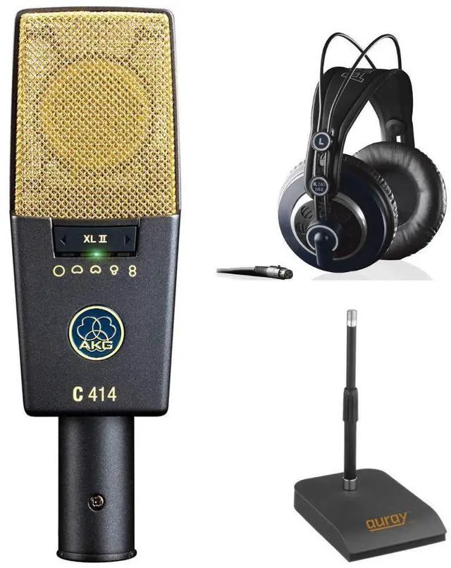 Main image of AKG Pro Audio C414 XLII Vocal Condenser Microphone, Multipattern Bundle with AKG K240 MKII Professional Semi-Open Stereo Headphones, Auray TT-ISO Isolating Desktop Microphone Stand