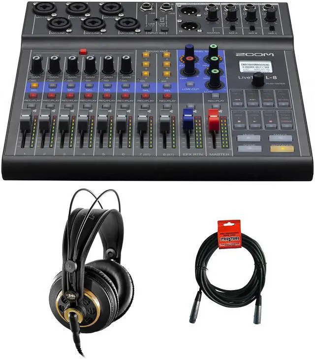 Alt view image 6 of 6 - Zoom LiveTrak L-8 Portable 8-Channel Digital Mixer/Recorder with AKG K 240 Studio Pro Headphones & XLR Cable Bundle