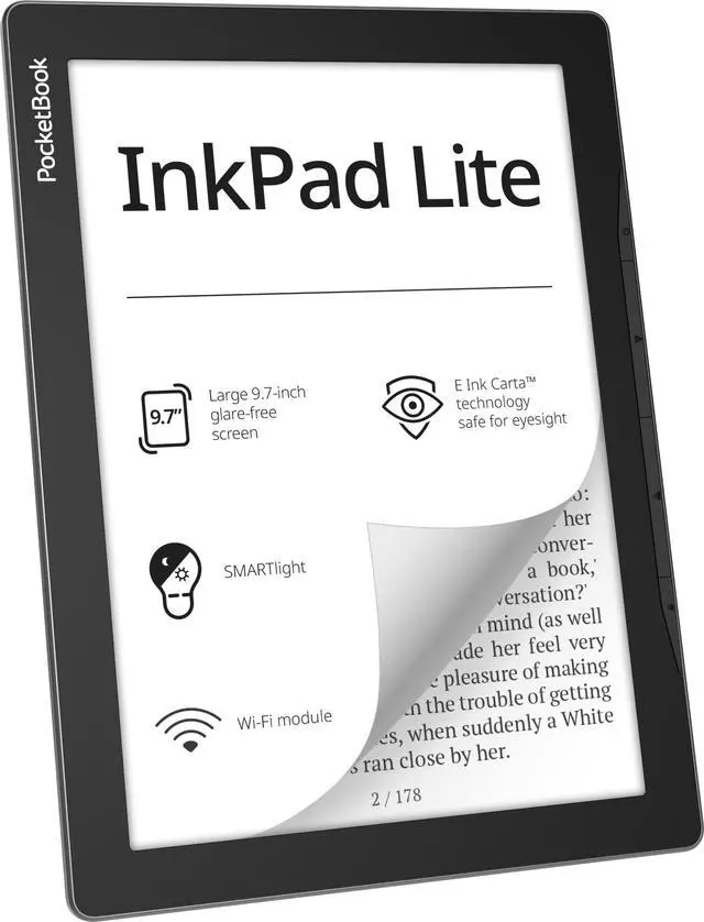 Alt view image 2 of 6 - PocketBook InkPad Lite, 9,7" E Ink® Carta™ (825 × 1200), SMARTlight, Mist Grey, Dual Core (2×1 GHz), Operative memory: 512 MB, Flash memory: 8 GB, Accumulator: 2200 mAh