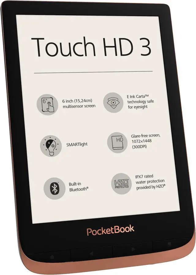 Alt view image 3 of 6 - PocketBook Touch HD 3 Copper. 6" E Ink® Carta™; HZO ProtectionTM (IPX 7); SMARTlight; Dual Core (2x1 GHz); Flash memory: 16GB; Accumulator: 1500 mAh (Li-Ion Polymer)