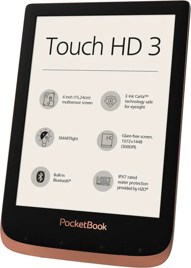 Alt view image 2 of 6 - PocketBook Touch HD 3 Copper. 6" E Ink® Carta™; HZO ProtectionTM (IPX 7); SMARTlight; Dual Core (2x1 GHz); Flash memory: 16GB; Accumulator: 1500 mAh (Li-Ion Polymer)