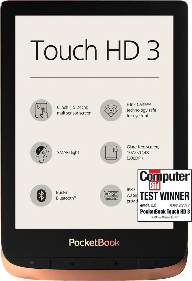 Alt view image 4 of 6 - PocketBook Touch HD 3 Copper. 6" E Ink® Carta™; HZO ProtectionTM (IPX 7); SMARTlight; Dual Core (2x1 GHz); Flash memory: 16GB; Accumulator: 1500 mAh (Li-Ion Polymer)