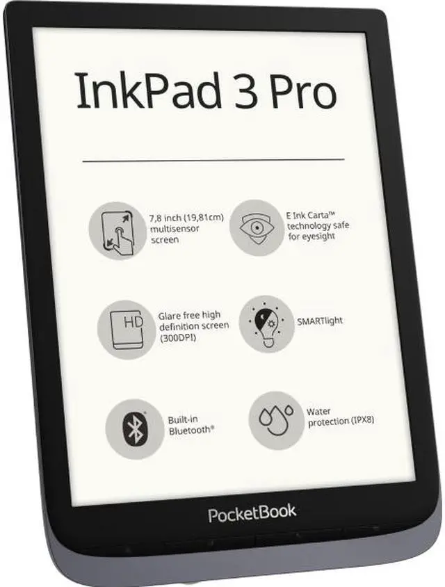 Alt view image 4 of 7 - PocketBook InkPad 3 Pro Grey, 7,8" E Ink® Carta™ (1404 × 1872), SMARTlight, IPX8, Metallic Grey, Dual Core (2×1 GHz), Operative memory: 1 GB, Flash memory: 16 GB, Accumulator: 1900 mAh