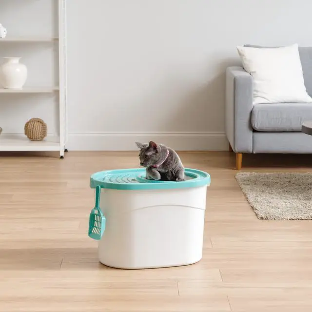 Alt view image 2 of 5 - IRIS Top Entry Cat Litter Box with Scoop, White/Seafoam