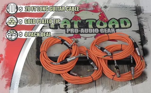 Alt view image 5 of 7 - Guitar Cords (4 Pack) Right Angle Instrument Cable by FAT TOAD | 20FT 1/4 Inch Straight-End Wires for Electric Guitar, Bass, Keyboards & Music Sound Recording Studio | Shielded 20 AWG Patch Conductor