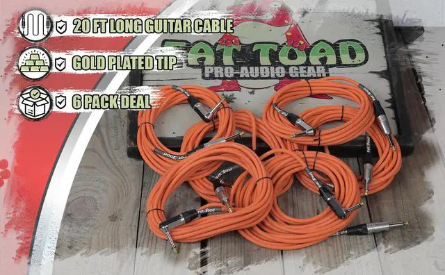 Alt view image 5 of 7 - Guitar Cables (6 Pack) Right Angled Instrument Cord by FAT TOAD | 20FT 1/4 Quarter Inch Straight-End 20 GA Wires for Electric Guitar Pedal, Bass, Keyboards, Speaker Amplifier & Audio Studio Recording