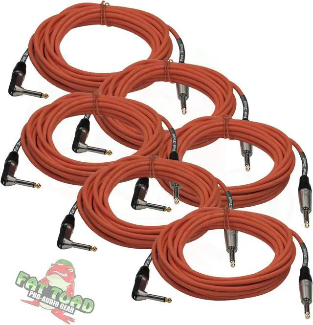 Main image of Guitar Cables (6 Pack) Right Angled Instrument Cord by FAT TOAD | 20FT 1/4 Quarter Inch Straight-End 20 GA Wires for Electric Guitar Pedal, Bass, Keyboards, Speaker Amplifier & Audio Studio Recording