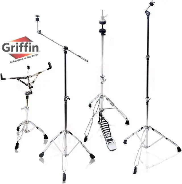 Main image of GRIFFIN Cymbal Stand Hardware Pack 4 Piece Set | Full Size Percussion Drum Hardware Kit with Snare Mount, Hi-Hat Pedal, Cymbal Boom, & Straight Cymbal Stand | Lightweight & Portable | Perfect for Gigs