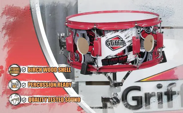 Alt view image 7 of 7 - GRIFFIN Snare Drum Birch Wood Shell 14 X 6.5 Inch | Oversize 2.5" Large Vents & Custom Graphic Wrap (Limited Edition) | Red Hardware & Marching Drummers Key for Students & Pros | 8 Metal Tuning Lugs