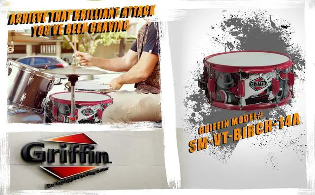 Alt view image 7 of 7 - Snare Drum by GRIFFIN | Birch Wood Shell 14"x6.5" with Custom Graphic Wrap (Limited Edition) | Percussion Acoustic Musical Instrument Kit & Drummers Key | 8 Metal Lugs, Head Set & Strainer Throw Off