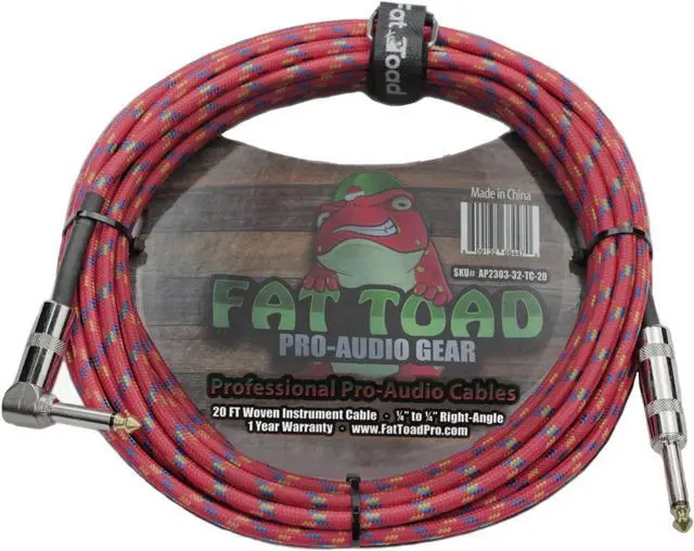 Main image of Guitar Cable Right Angled to 1/4 Straight-End Instrument Cord Tweed Cloth Jacket by FAT TOAD | Braided Woven 20FT Quarter Inch Gold Jack TS for Electric Guitar, Bass, Keyboards | Shielded 20 AWG Patch