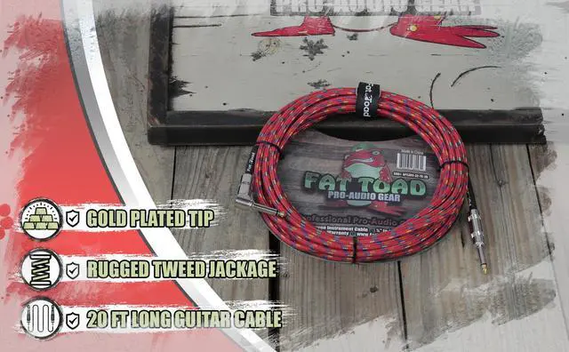 Alt view image 5 of 6 - Guitar Cable Right Angled to 1/4 Straight-End Instrument Cord Tweed Cloth Jacket by FAT TOAD | Braided Woven 20FT Quarter Inch Gold Jack TS for Electric Guitar, Bass, Keyboards | Shielded 20 AWG Patch