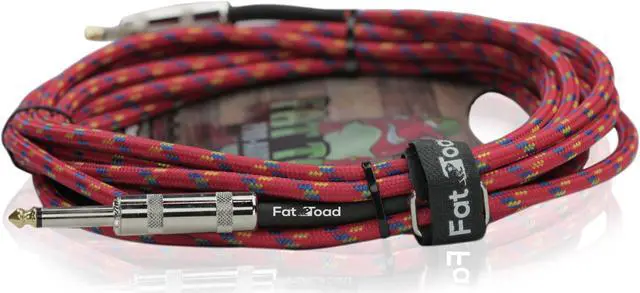 Alt view image 3 of 6 - Guitar Cable Right Angled to 1/4 Straight-End Instrument Cord Tweed Cloth Jacket by FAT TOAD | Braided Woven 20FT Quarter Inch Gold Jack TS for Electric Guitar, Bass, Keyboards | Shielded 20 AWG Patch