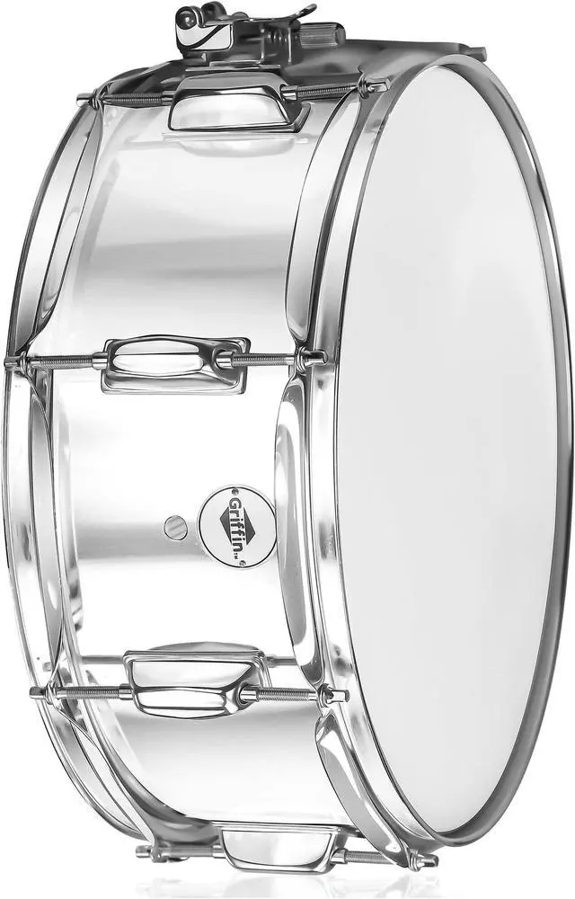 Alt view image 3 of 7 - Metal Snare Drum by GRIFFIN | 14" x 5.5" inch Steel Chrome Shell | 8 Tuning Lugs & Snare Throw Off Strainer Set | Musical Instrument Kit & Drummers Key | Marching Percussion Hardware & Drum White Head