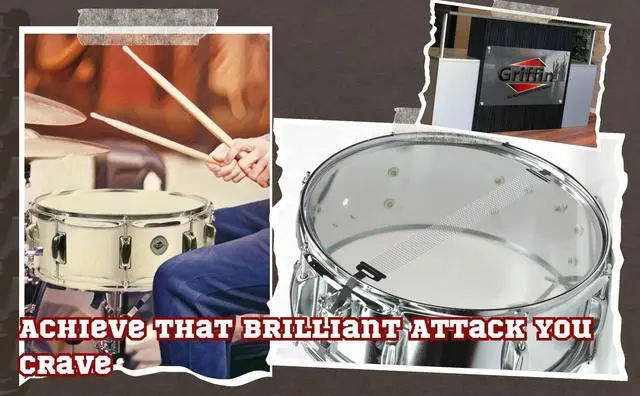 Alt view image 6 of 7 - Metal Snare Drum by GRIFFIN | 14" x 5.5" inch Steel Chrome Shell | 8 Tuning Lugs & Snare Throw Off Strainer Set | Musical Instrument Kit & Drummers Key | Marching Percussion Hardware & Drum White Head