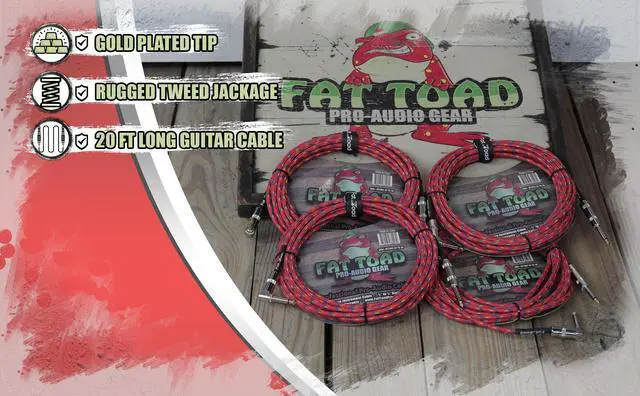 Alt view image 4 of 7 - Guitar Cords (4 Pack) Right Angle to Straight-End Instrument Cable Tweed Cloth Jacket by FAT TOAD | Braided Woven 20FT 1/4 Inch Jack TS for Electric Guitar, Bass, AMP | Shielded 20 AWG Patch Conductor